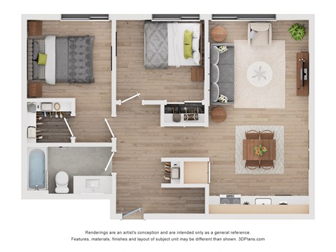Floor plan for 2 beds, 1 bath, 740 sqft